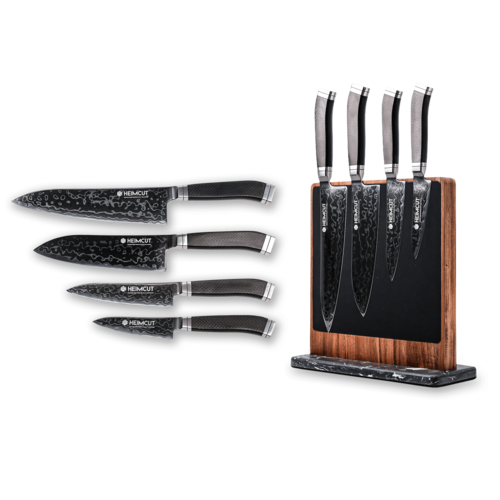 Набор из 4-х кухонных ножей Heimcut Phantom М390 Damascus на магнитной подставке из акации суперсталь М390 в обкладках из дамаска с износостойким покрытием DLC HC/M390-PN-4-STAND-2
