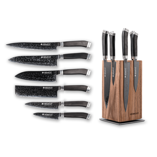 Набор из 6-ти кухонных ножей Heimcut Phantom М390 Damascus на магнитной подставке из акации HC/M390-PN-6-R-BLOCK-8-AC