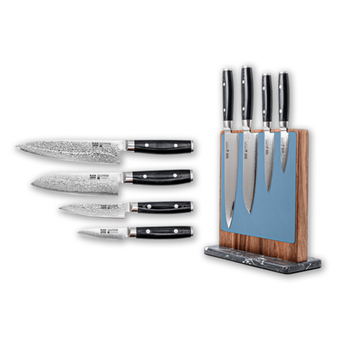 Набор из 4-х кухонных ножей Yaxell Ran на магнитной подставке из акации RZ/Y-RAN-4-HCSTAND-2