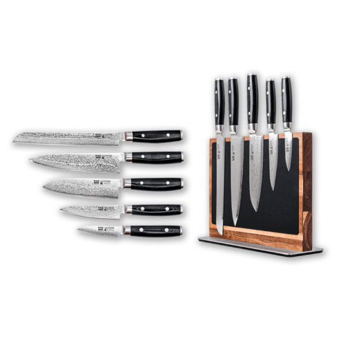 Набор из 5-и кухонных ножей Yaxell Ran на магнитной подставке Rezat из акации RZ/Y-RAN-5-HCSTAND-4