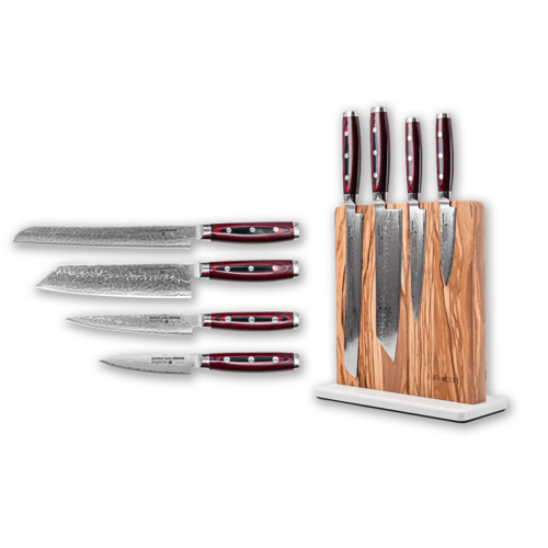 Набор из 4-х кухонных ножей Yaxell Super Gou на магнитной подставке из оливкового дерева RZ/Y-SGOU-4-HCSTAND-1