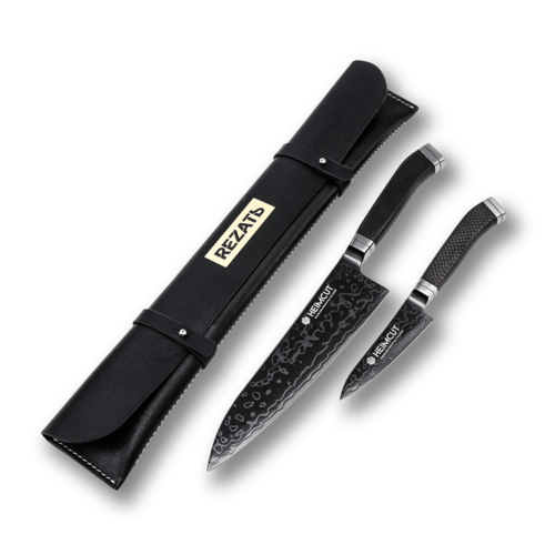 Набор шеф-повара из 2-х кухонных ножей Heimcut Phantom М390 Damascus в кожаной сумке-органайзере Rezat HC/M390-PN-2-2N-44-BK