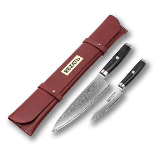 Набор шеф-повара из 2-х эксклюзивных кухонных ножей Yaxell Super Gou Ypsilon в кожаной сумке-органайзере Rezat RZ/Y-SGOUY-2-2N-44-BR