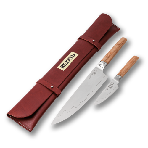 Набор шеф-повара из 2-х кухонных ножей Kai Seki Magoroku Composite в кожаной сумке-органайзере Rezat RZ/KAI-MGC-2-2N-44-BR