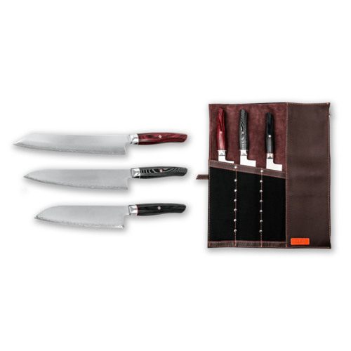 Набор Гранд-Шеф из 3-х кухонных ножей Mcusta Zanmai Revolution в кожаной сумке-скрутке Rezat RZ/ZR-3CHEF