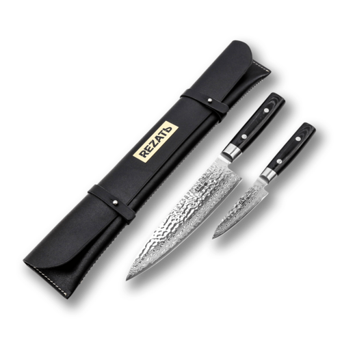 Набор шеф-повара из 2-х кухонных ножей Yaxell Zen в кожаной сумке-органайзере Rezat RZ/Y-ZEN-2--2N-44-BK