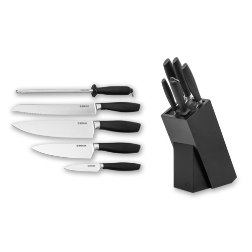 Набор из 4-х кухонных ножей Boker Core + мусат на подставке из бука 130876SET
