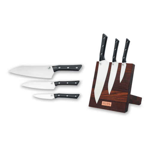 Набор из 3-х кухонных ножей Microtech/Marfione Kitchen Cutlery на магнитной подставке (блоке) Rezat из термированного дуба MT/S-3-KS312STWN-1