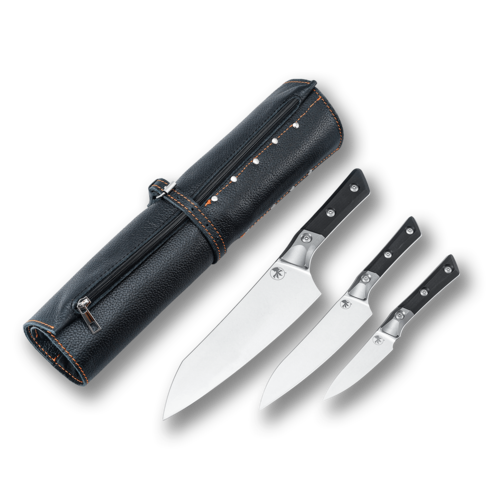 Набор шеф-повара из 3-х кухонных ножей Microtech/Marfione Kitchen Cutlery в кожаной сумке-скрутке Rezat MT/S-3-SS3-BK