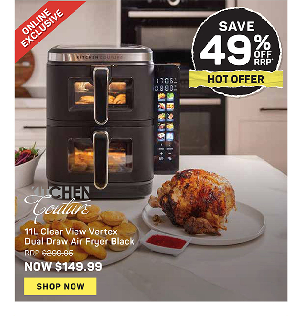 Kitchen Couture 11L Clear View Vertex Dual Draw Air Fryer Black