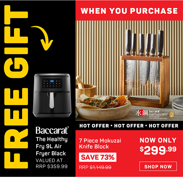 Free Baccarat The Healthy Fry 9L Air Fryer Black When You Purchase Baccarat Damashiro EMPEROR Mokuzai 7 Piece Knife Block