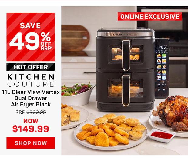 Kitchen Couture 11L Clear View Vertex Dual Drawer Air Fryer Black