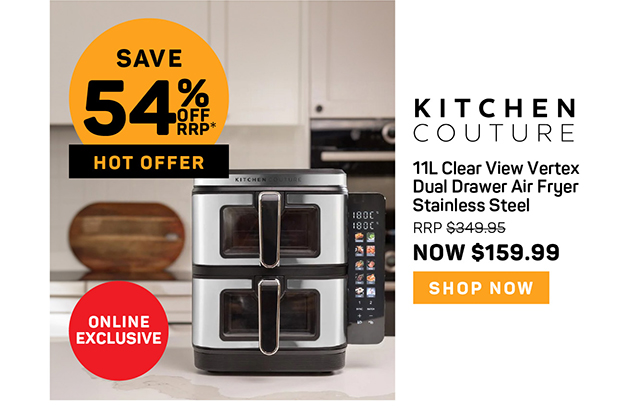 Kitchen Couture 11L Clear View Vertex Dual Drawer Air Fryer Stainless Steel