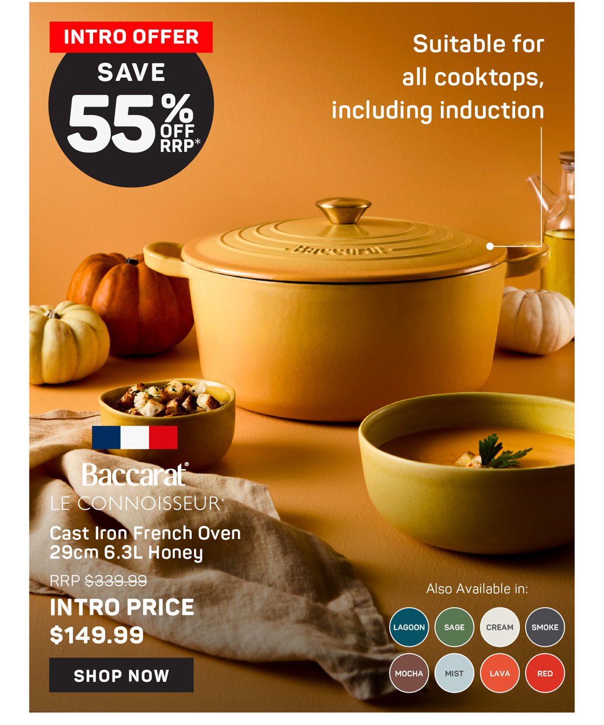 Baccarat Le Connoisseur Cast Iron Round French Oven 29cm 6.3L Honey