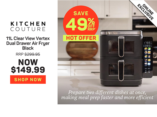 Kitchen Couture 11L Clear View Vertex Dual Drawer Air Fryer Black