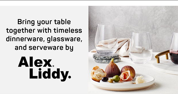 Bring your table together with timeless dinnerware, glassware, and serveware by Alex Liddy