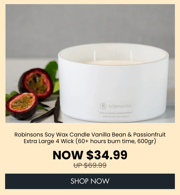 Robinsons Soy Wax Candle Vanilla Bean & Passionfruit Extra Large 4 Wick (60+ hours burn time, 600gr)