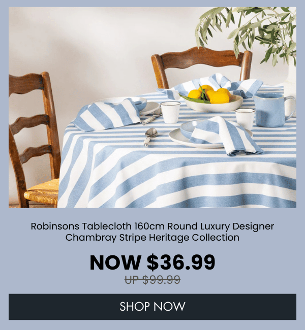 Robinsons Tablecloth 160cm Round Luxury Designer Chambray Stripe Heritage Collection