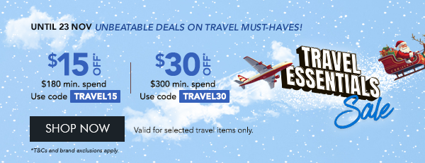 $15 Off $180 min. spend. Use code TRAVEL15 $30 off $300 min. spend. Use code TRAVEL30