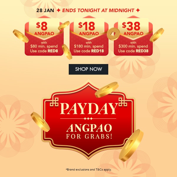 $8 Angpao with $80 min. spend. Use code RED8 $18 Angpao with $180 min. spend. Use code RED18 $38 Angpao with $300 min. spend. Use code RED38