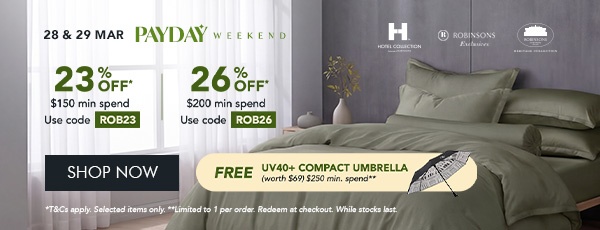 23 pct off min $150 with code ROB23 26 pct off min $200 with code ROB26