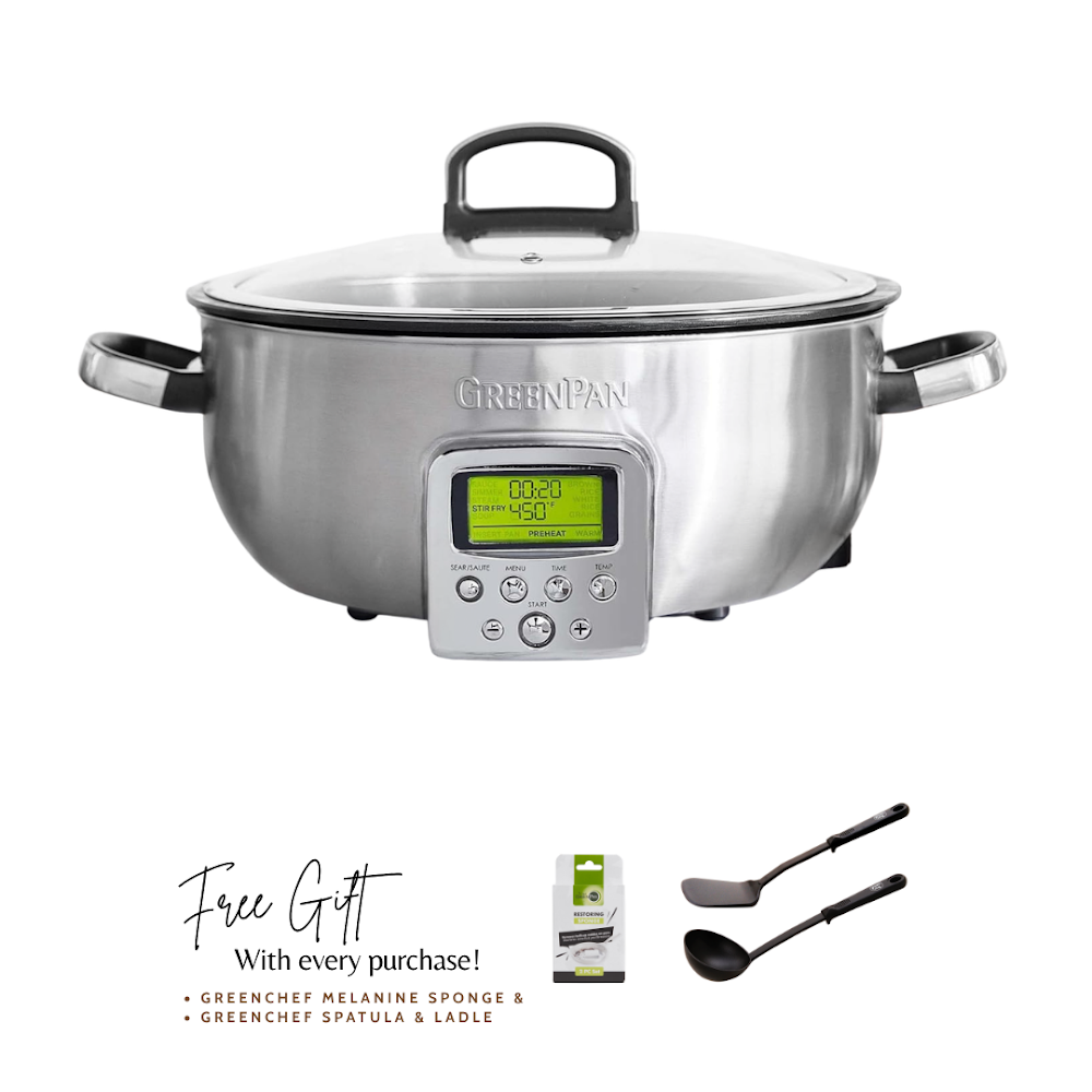 Greenpan Elite Omni Cooker 5.6L  - Stainless Steel + GreenPan Melamine Sponge + Greenchef Spatula & Ladle