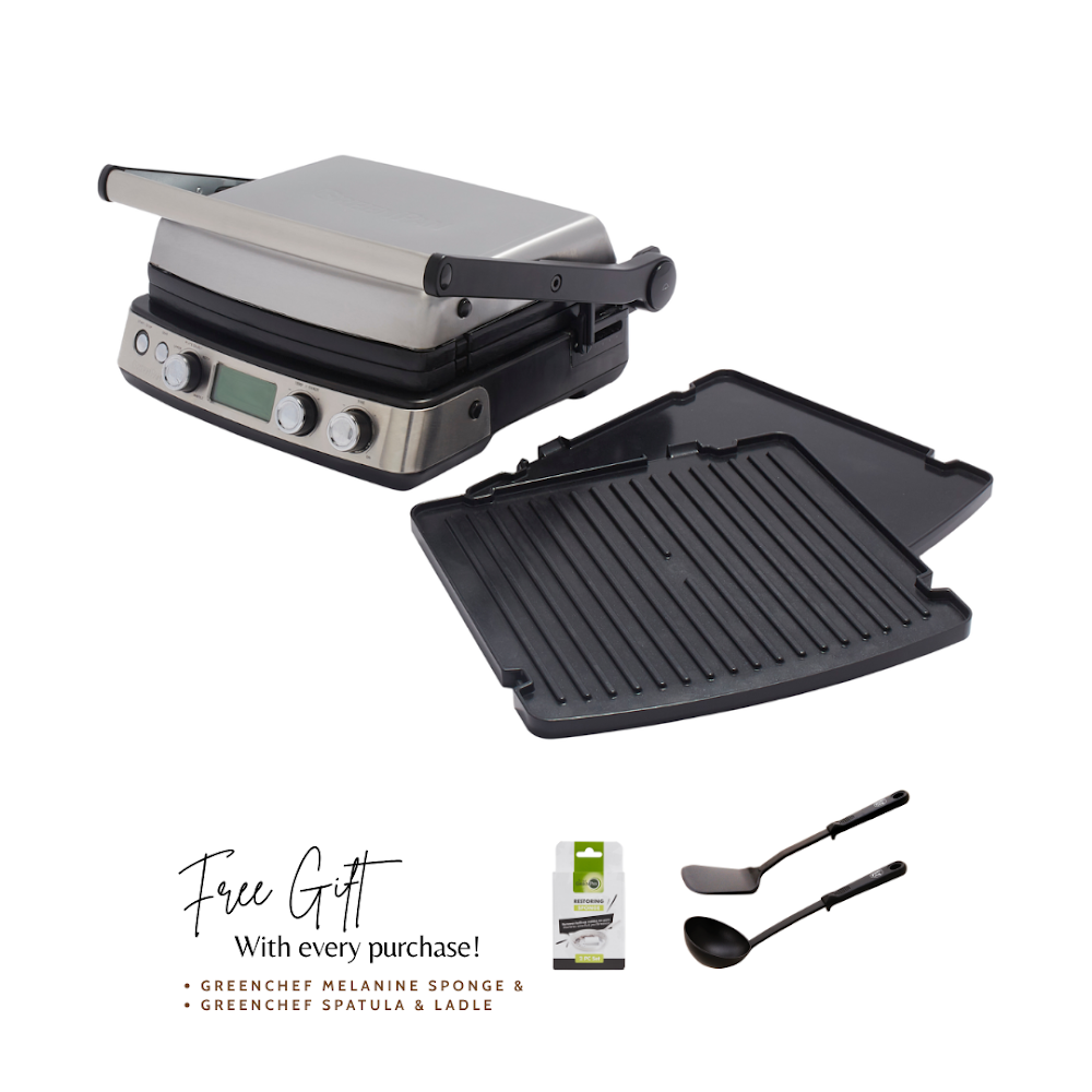 Greenpan Elite Contact Grill -  Stainless Steel+ GreenPan Melamine Sponge + Greenchef Spatula & Ladle