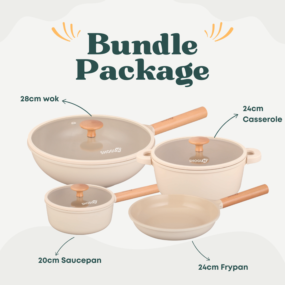 Shogun Ivory Set 1 - 24cm Frypan + 20cm Saucepan + 24cm Casserole + 28cm Wok with Glass Lid