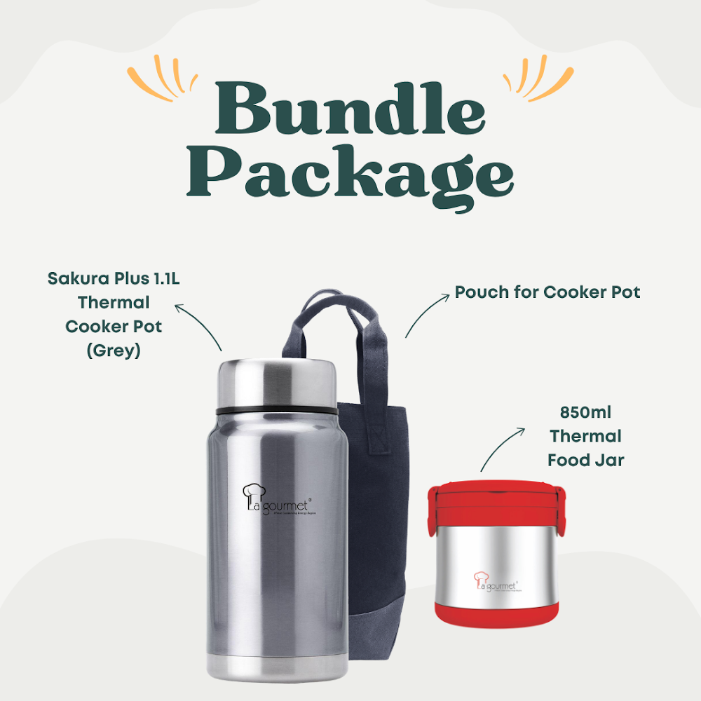 La Gourmet Sakura Plus 1.1L Thermal Cooker (Grey) + Flame 850ml Thermal Lunch Box