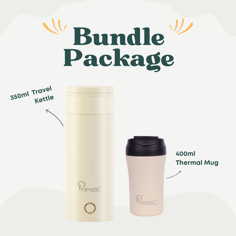 La Gourmet 350ml Electric Travel Kettle  - Cream +La Gourmet Superwide  400ml Thermal Mug - Cream