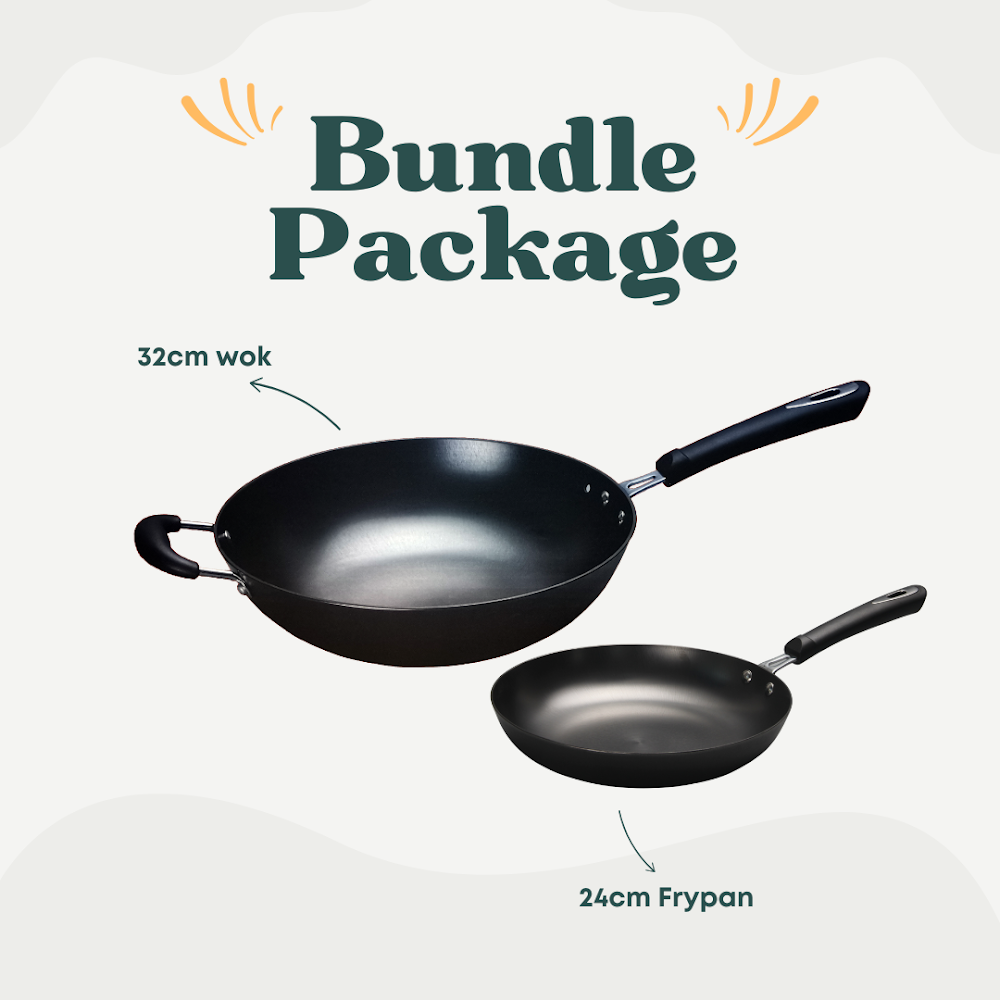 La Gourmet Nitrigan 32cm Wok with Black Handle + La Gourmet Nitrigan 24cm Frypan with Black Handle + La Gourmet Stainless Steel Turner with Wooden Handle