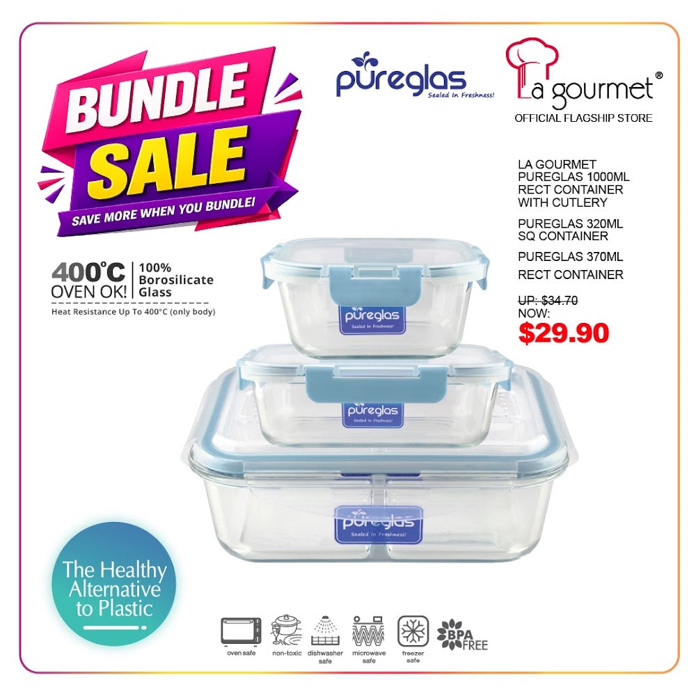 La gourmet Pureglass Set 3 - 1000ml Rect Container with cutlery+ 320ml Sq Container + 370ml Rect Container