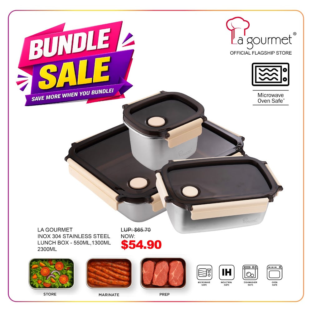 La Gourmet Inox Set 3 - 304 Stainless Steel Lunch Box (550ml + 1300ml + 2300ml)