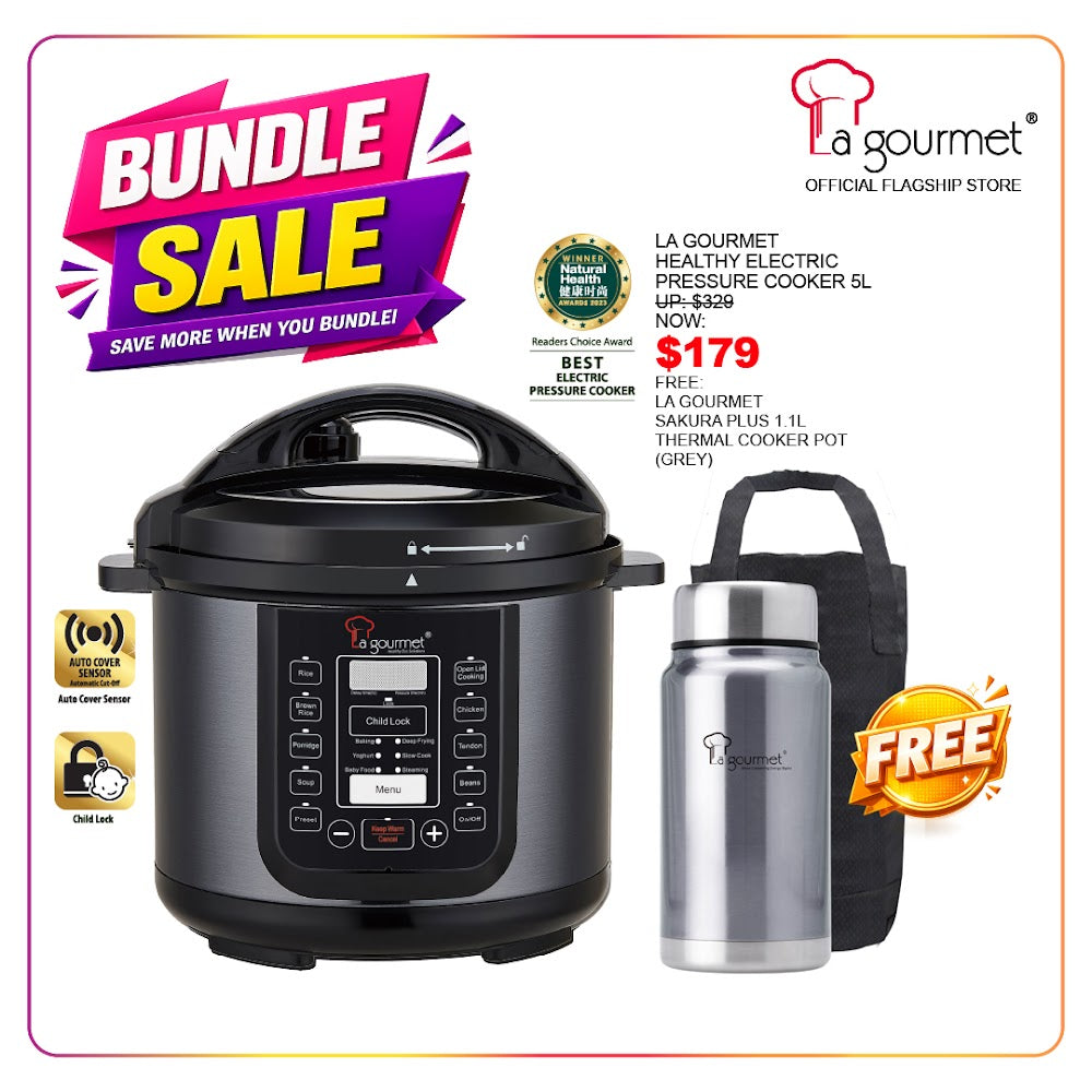 La Gourmet Healthy Electric Pressure Cooker 5L + La Gourmet Sakura Plus 1.1L Thermal Cooker Pot (Grey)