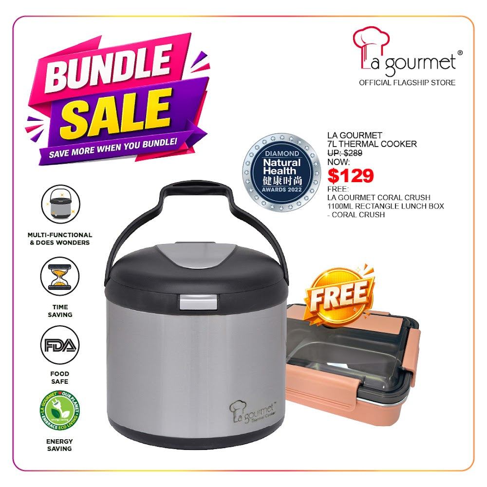 La Gourmet 7L Thermal Wonder Cooker+La Gourmet Coral Crush 1100ml Rectangle Lunch Box - Coral Crush