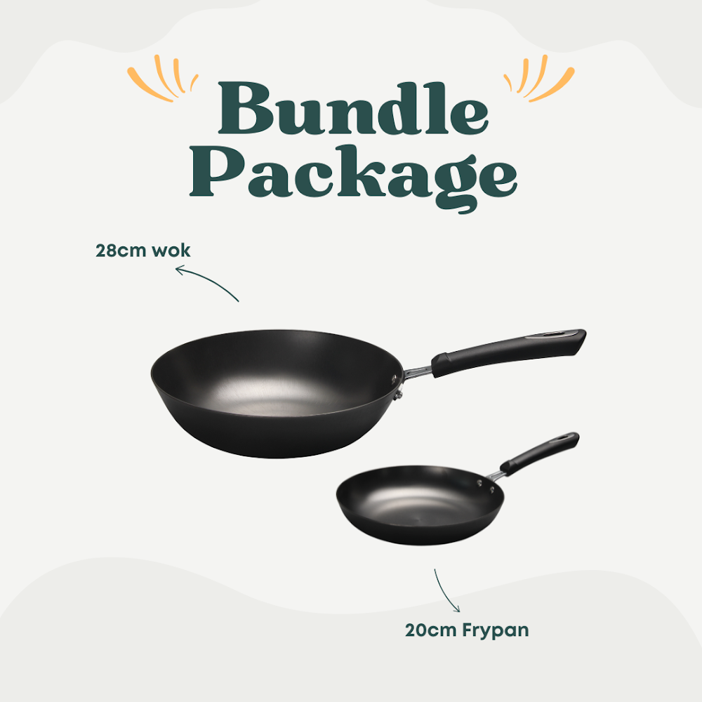 La Gourmet Nitrigan 28cm Wok with Black Handle + La Gourmet Nitrigan 20cm Frypan with Black Handle+ La Gourmet Stainless Steel Turner with Wooden Handle