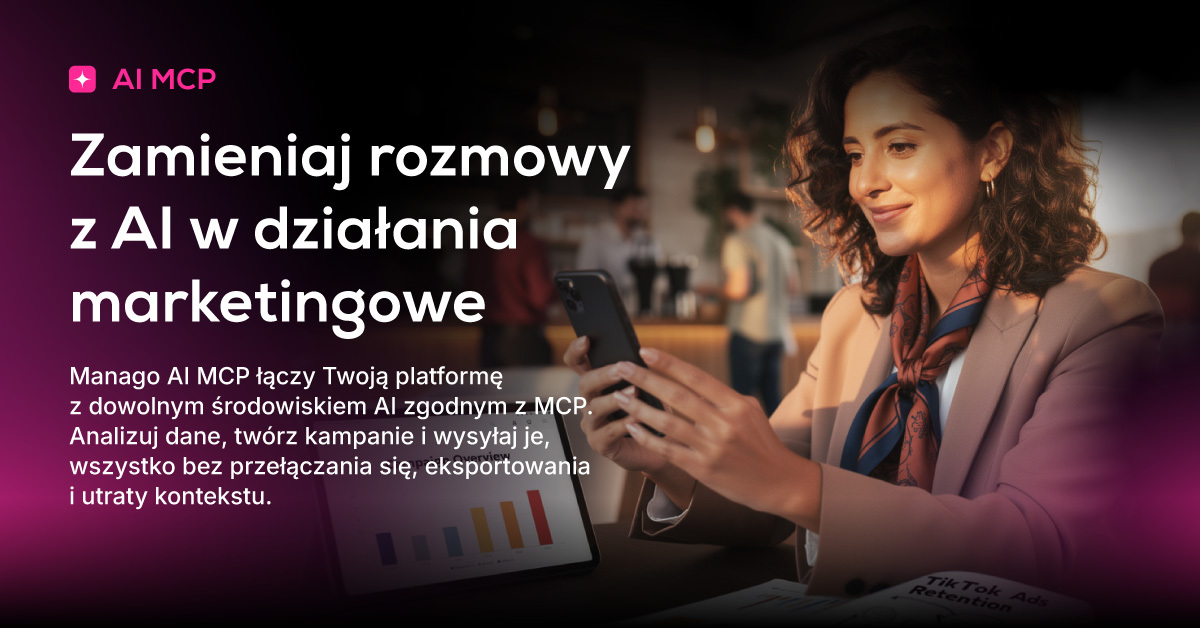 Businesswoman using smartphone and tablet showing marketing analytics dashboard in a café, promotional banner about AI marketing (Polish)