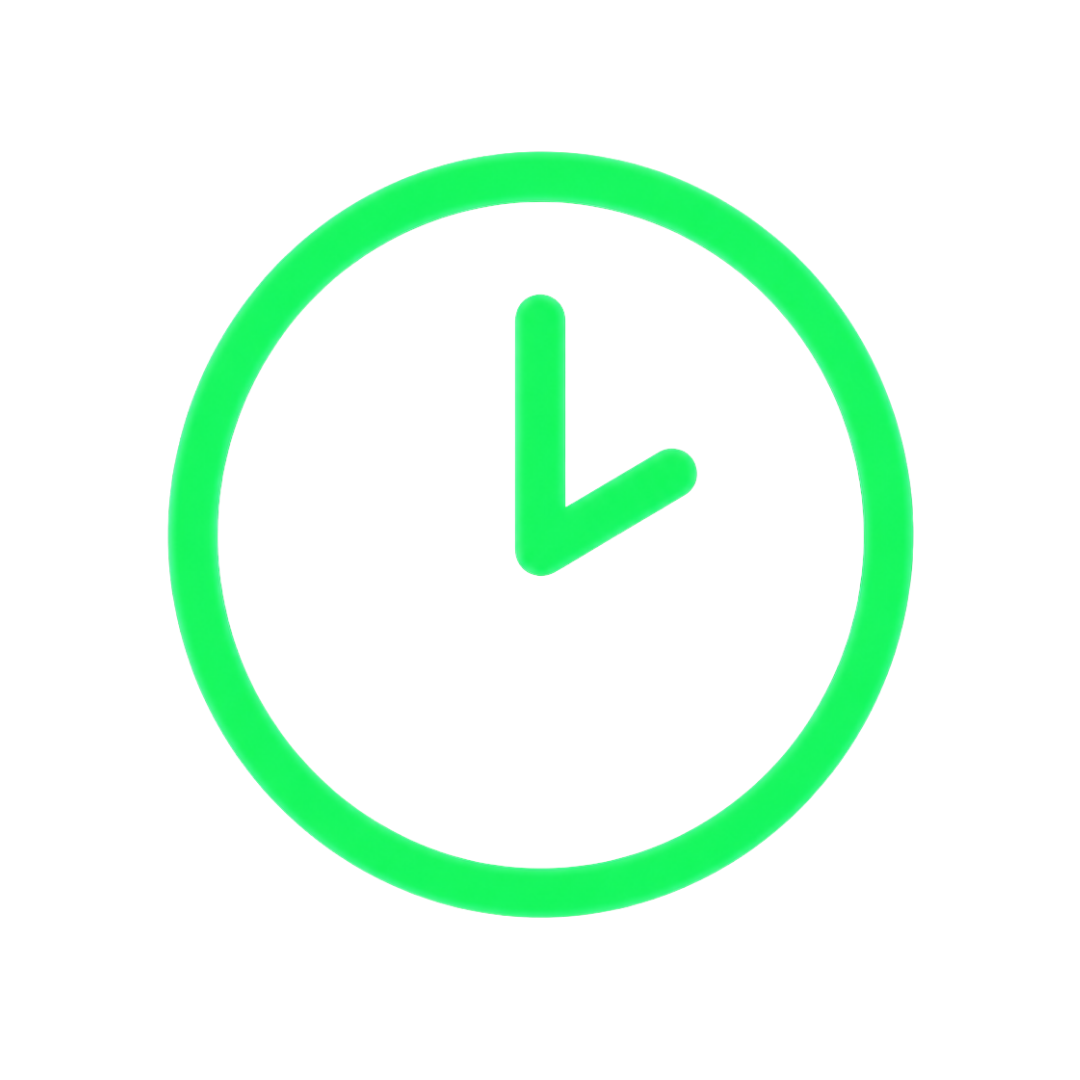 Green circular clock icon with simple hands showing 2:30, flat design on white background