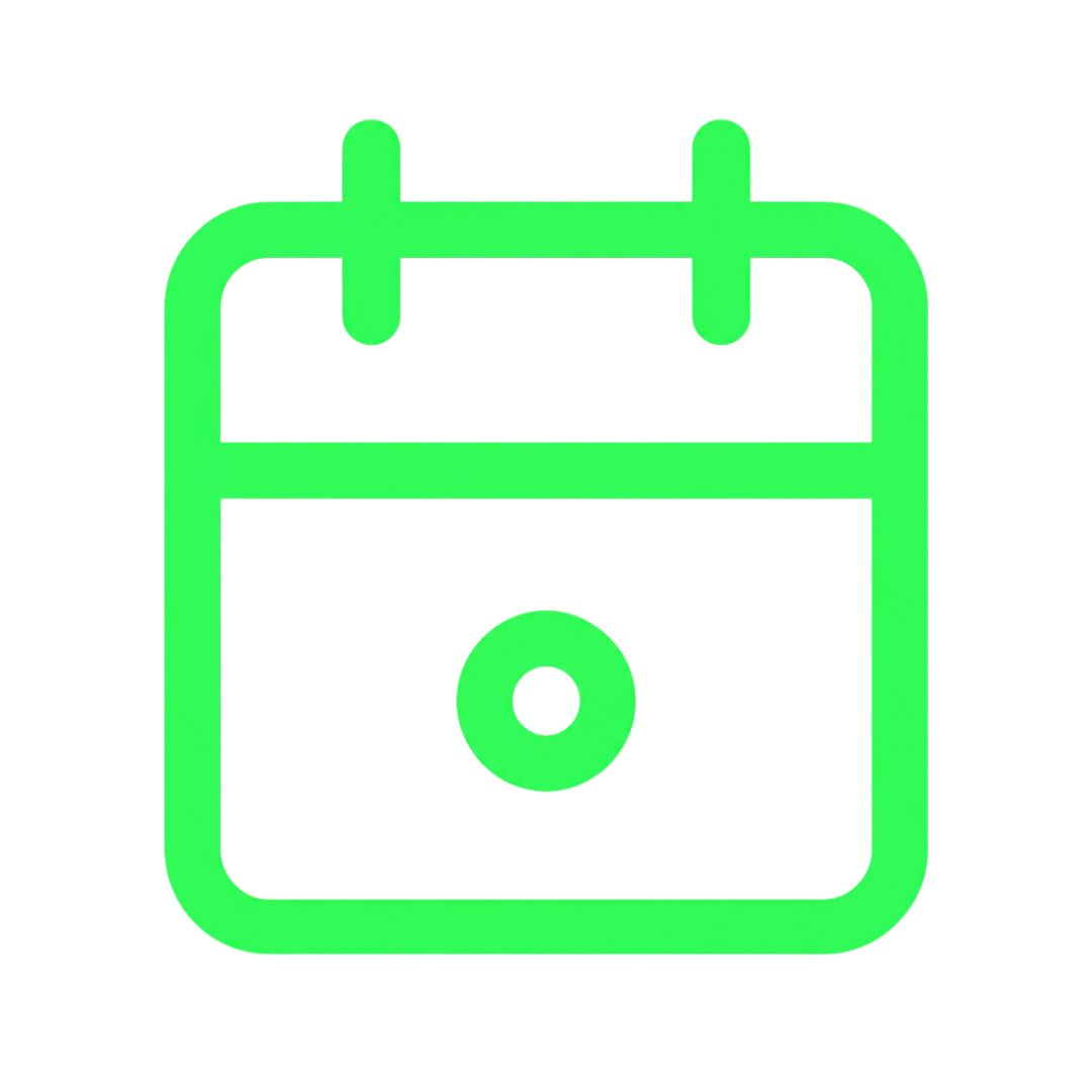 Green outlined calendar icon with central circular date marker, symbolising a scheduled event or appointment