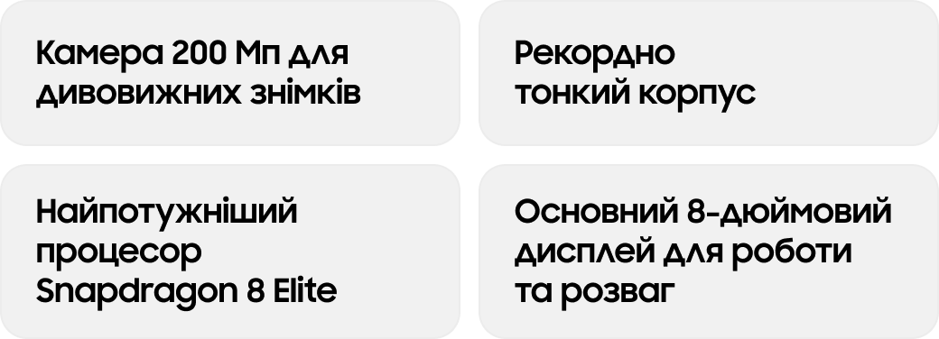 Камера 200 Мп для дивовижних знімків Рекордно тонкий корпус Найпотужніший процесор Snapdragon 8 Elite Основний 8-дюймовий дисплей для роботи та розваг
