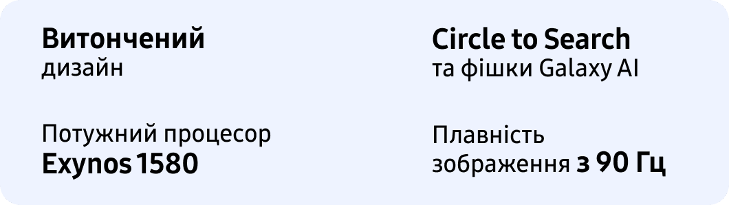 Витончений дизайн Circle to Search та фішки Galaxy AI Потужний процесор Exynos 1580 Плавність зображення з 90 Гц