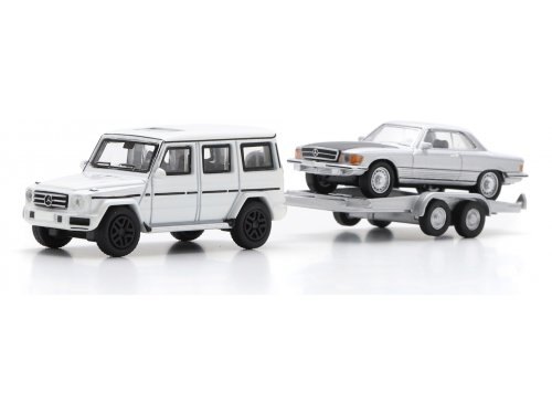 1/87 Mercedes-Benz G-класс W463 белый с прицепом-трейлером и Mercedes-Benz SLC 450 C107