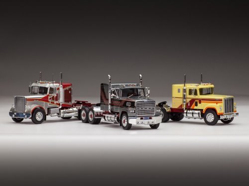 1/43 Короли американских дорог 80-х: International Transtar 4300 (1980) + Freightliner FLC 120 64 T (1977) + Ford LTL 9000 (1978)