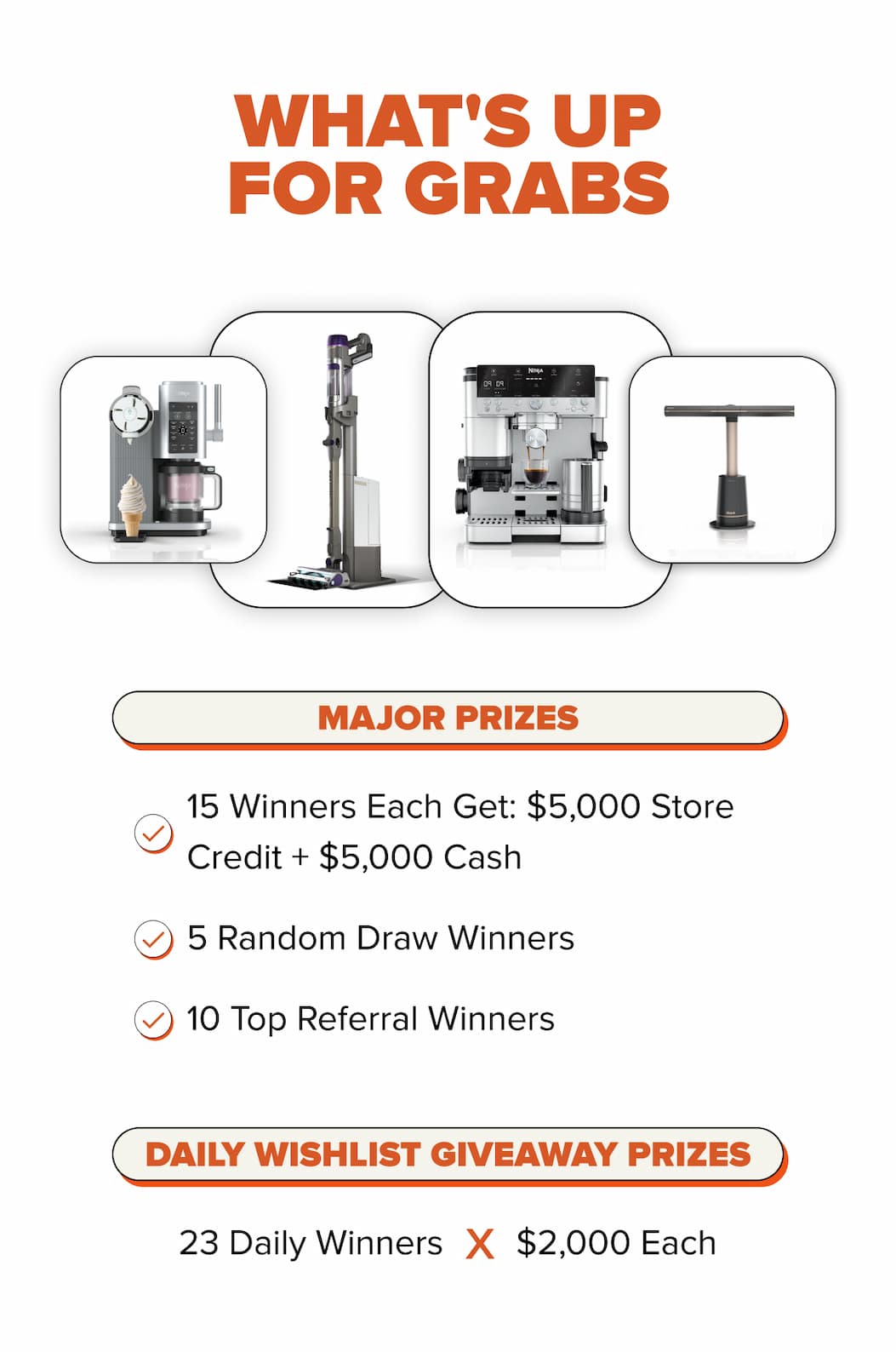 What's Up for Grabs.  15 Winners Each Get: $5,000 Store Credit + $5,000; Cash 5 Random Draw Winners; 10 Top Referral Winners; 23 Daily Winners x $2,000 Each