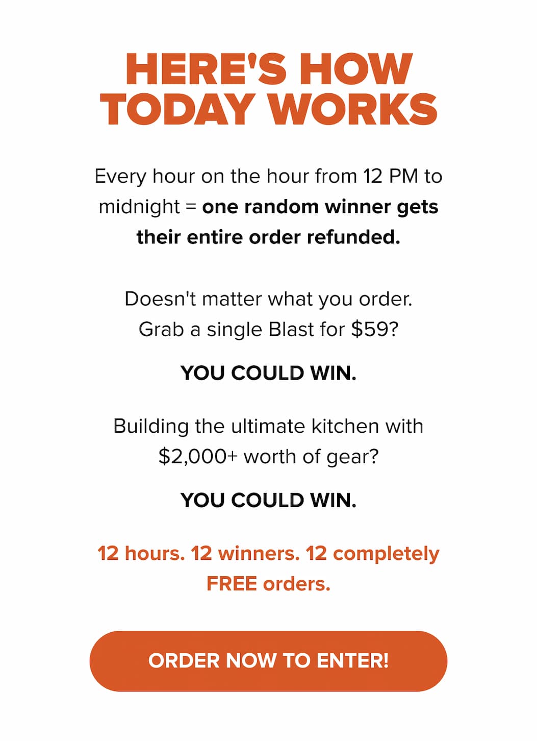 Every hour 12PM–midnight: one random winner gets full order refunded；any order qualifies；12 hours, 12 winners, 12 free orders；order now to enter.