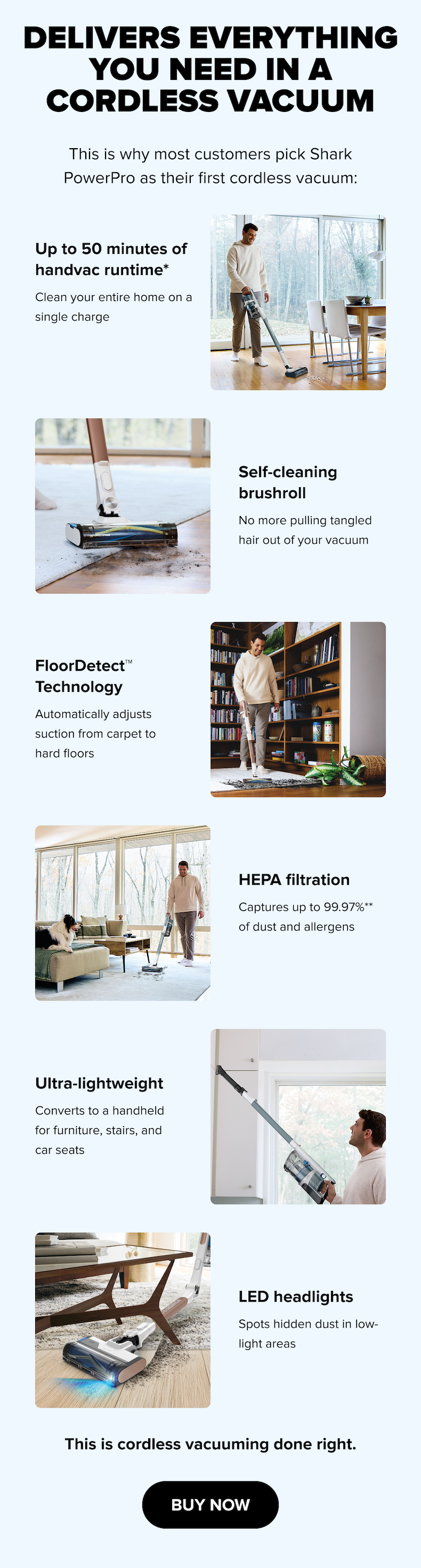 Why most customers pick Shark PowerPro as their first cordless vacuum: 50-min runtime, self-cleaning brushroll, FloorDetect™ technology, HEPA filtration (99.97% of dust), ultra-lightweight handheld conversion, LED headlights. Cordless vacuuming done right. Buy now.