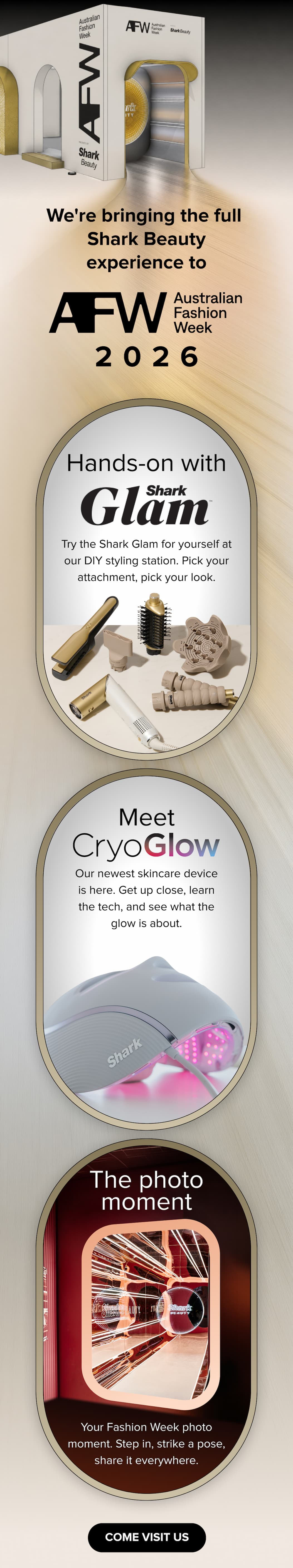 We're bringing the full Shark Beauty experience to Glam and Glow Salon 2026: DIY styling station with Shark FlexStyle, new skincare device reveal, and your Fashion Week photo moment. May 11-15 at MCA Sydney. COME VISIT US.