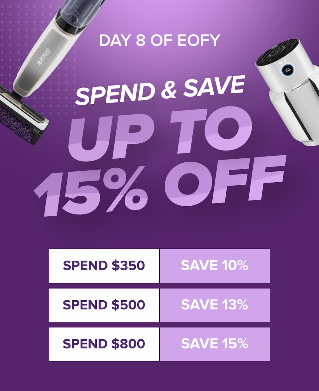 Day 8 of EOFY — up to 15% off + spend & save: $350 save 10%, $500 save 13%, $800 save 15%. Stacks.