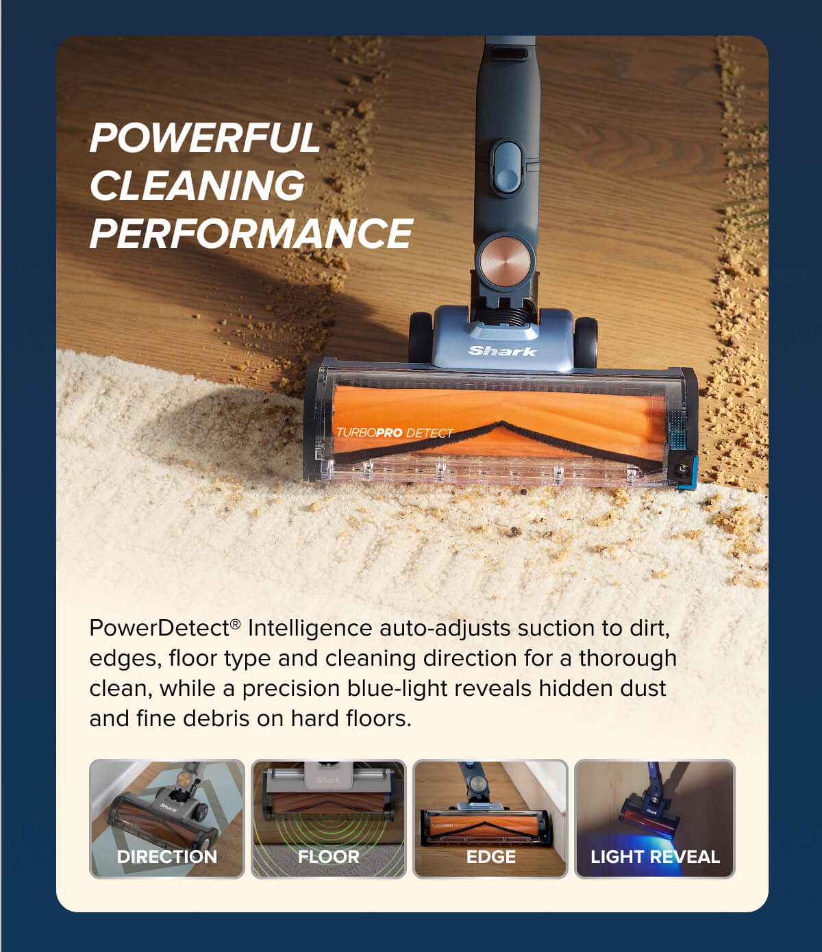 Powerful cleaning performance. PowerDetect Intelligence auto-adjusts suction to dirt, edges, floor type and cleaning direction for a thorough clean, while a precision blue-light reveals hidden dust and fine debris on hard floors. Direction. Floor. Edge. Light Reveal.