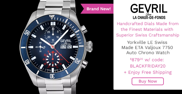 928-510 | Gevril Yorkville LE Swiss Made ETA Valjoux 7750 Auto Chrono Watch | $879.20 w/ code BLACKFRIDAY20 + Enjoy Free Shipping